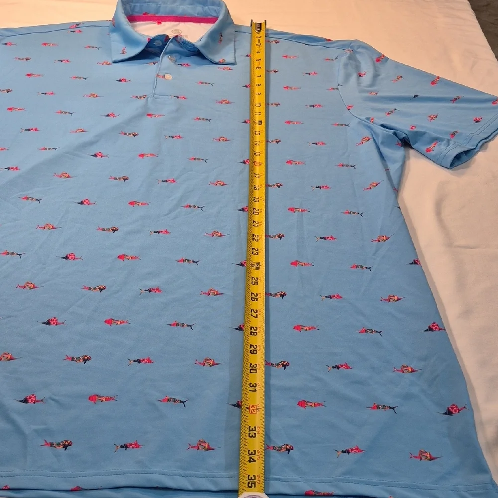 SCALES 3X Golf Polo Short Sleeve Shirt Blue and Pink Tropical Fish Pattern - Picture 8 of 16